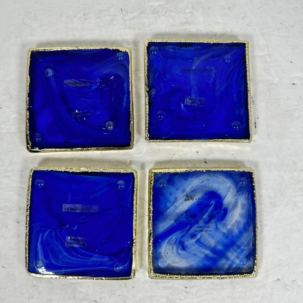 Anthropologie Blue Agate Coasters Set Of 4 Gold Edge EUC Fast‎ Shipping